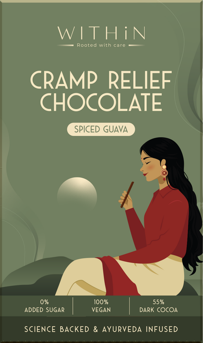 A rectangular box of WITHIN Brand Cramp Relief Chocolate (Spiced Guava) on a plain white background. The packaging features a muted sage green background with an illustration of a woman in a red top and cream skirt sitting by a glowing moon, with product details listed at the bottom.