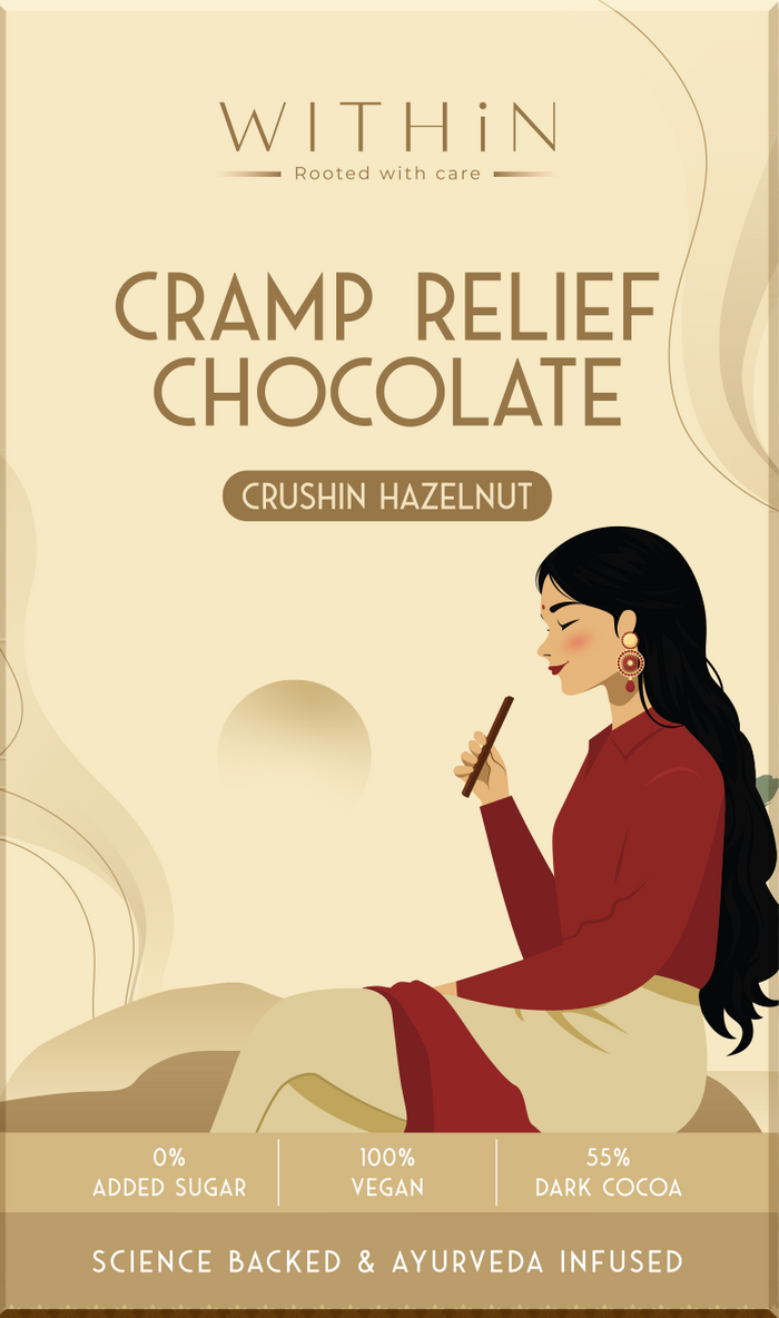 A package of WITHIN Brand 'Cramp Relief Chocolate' in Crushin Hazelnut flavor, featuring a beige box with an illustration of a woman in a red dress.